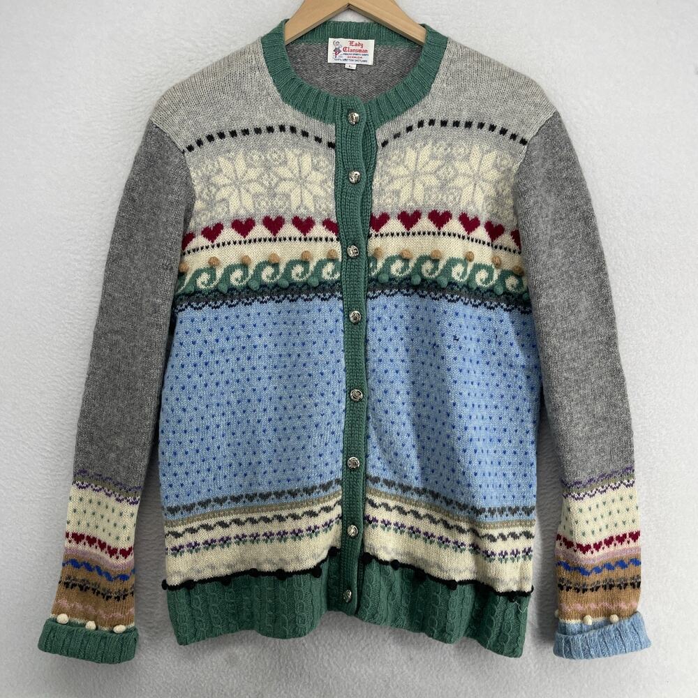 LADY CLANSMAN Sweater L Shetland Wool Nordic Fair Isle Pom Cardigan Gray VTG